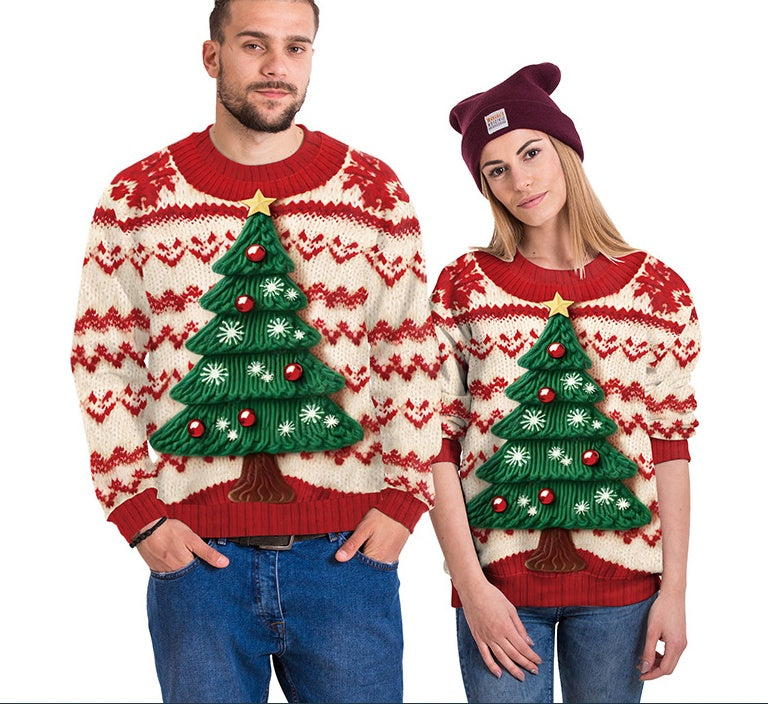 Women's Snowman Christmas Tree Pattern Digital Printed Round Neck Sweater