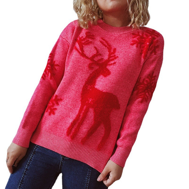 Round Neck Long Sleeve Christmas Sweater Snowflake Deer Jacquard Sweater