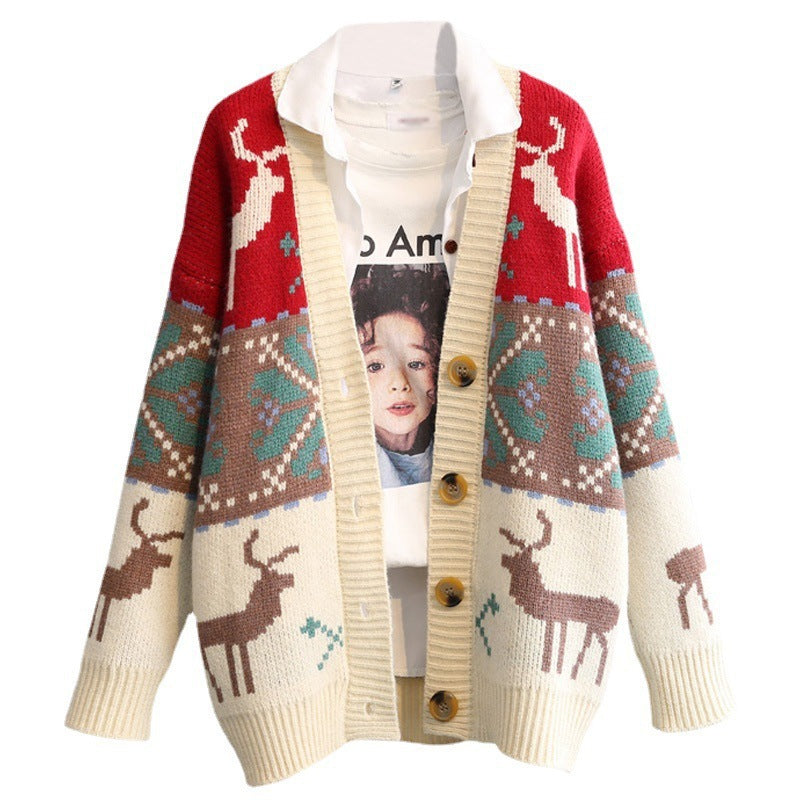 Women's Christmas Fawn Jacquard Vintage Blouse Jacket