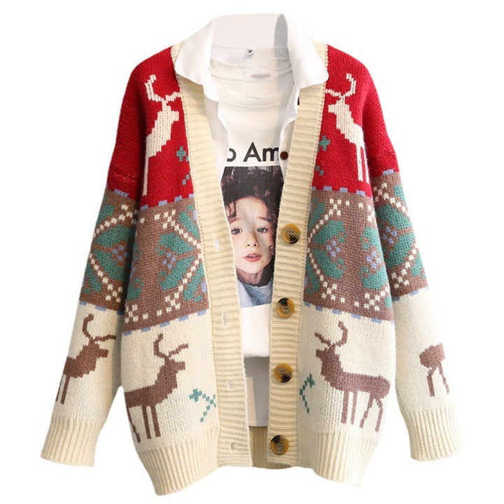 Women's Christmas Fawn Jacquard Vintage Blouse Jacket