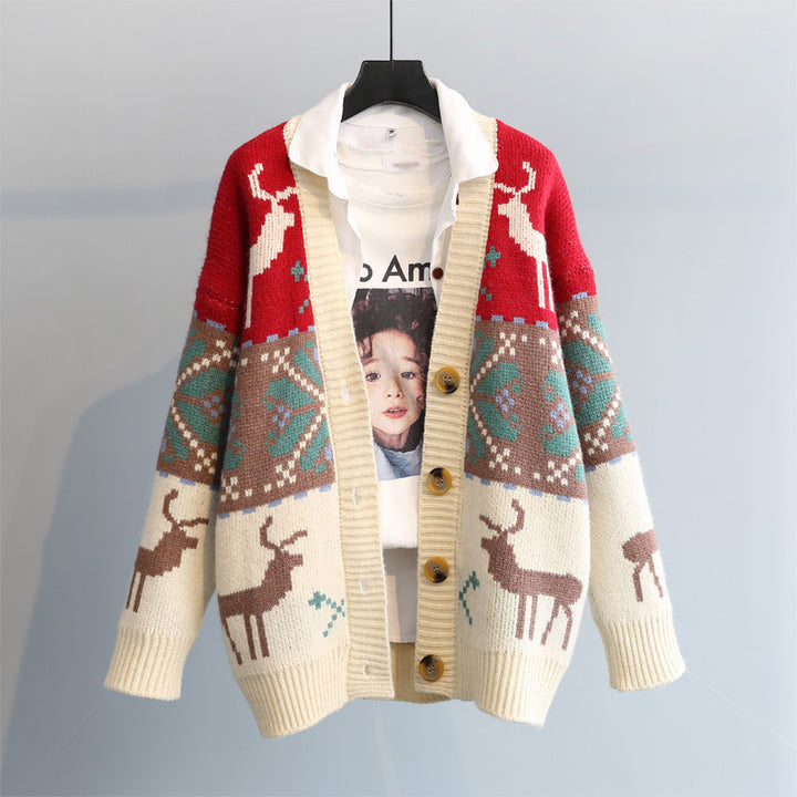 Women's Christmas Fawn Jacquard Vintage Blouse Jacket