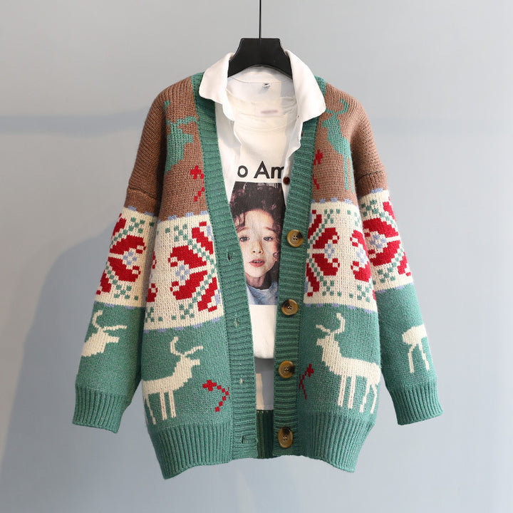 Women's Christmas Fawn Jacquard Vintage Blouse Jacket