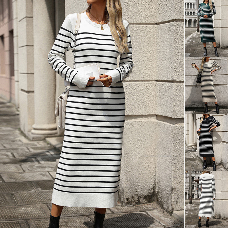 Slim Striped Printed Long Dress Fashion Autumn And Winter Long Sleeve Dresses For Womens Clothing