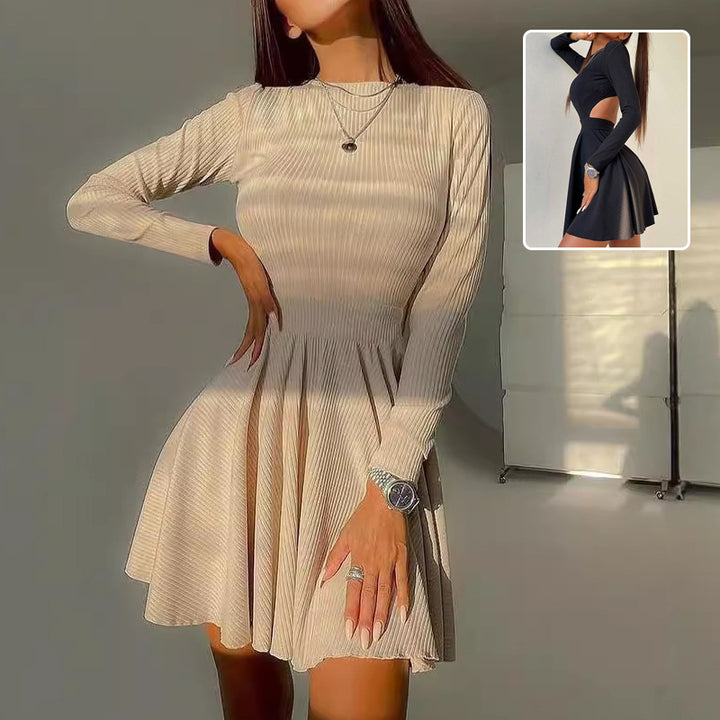 Y2K Long-sleeved Dress With Hollow Design Fashion Solid Color Round Neck A-line Dresses Fall Wainter Women's Clothing