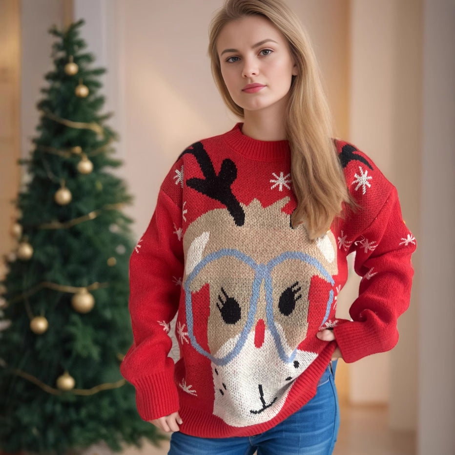 Christmas Sweater Women's Stitching Cartoon Casual Pullover