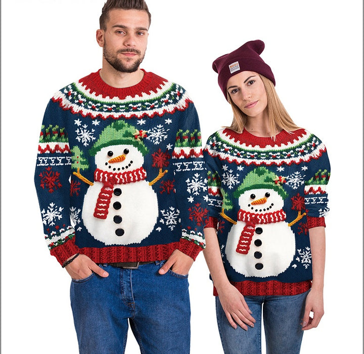 Women's Snowman Christmas Tree Pattern Digital Printed Round Neck Sweater