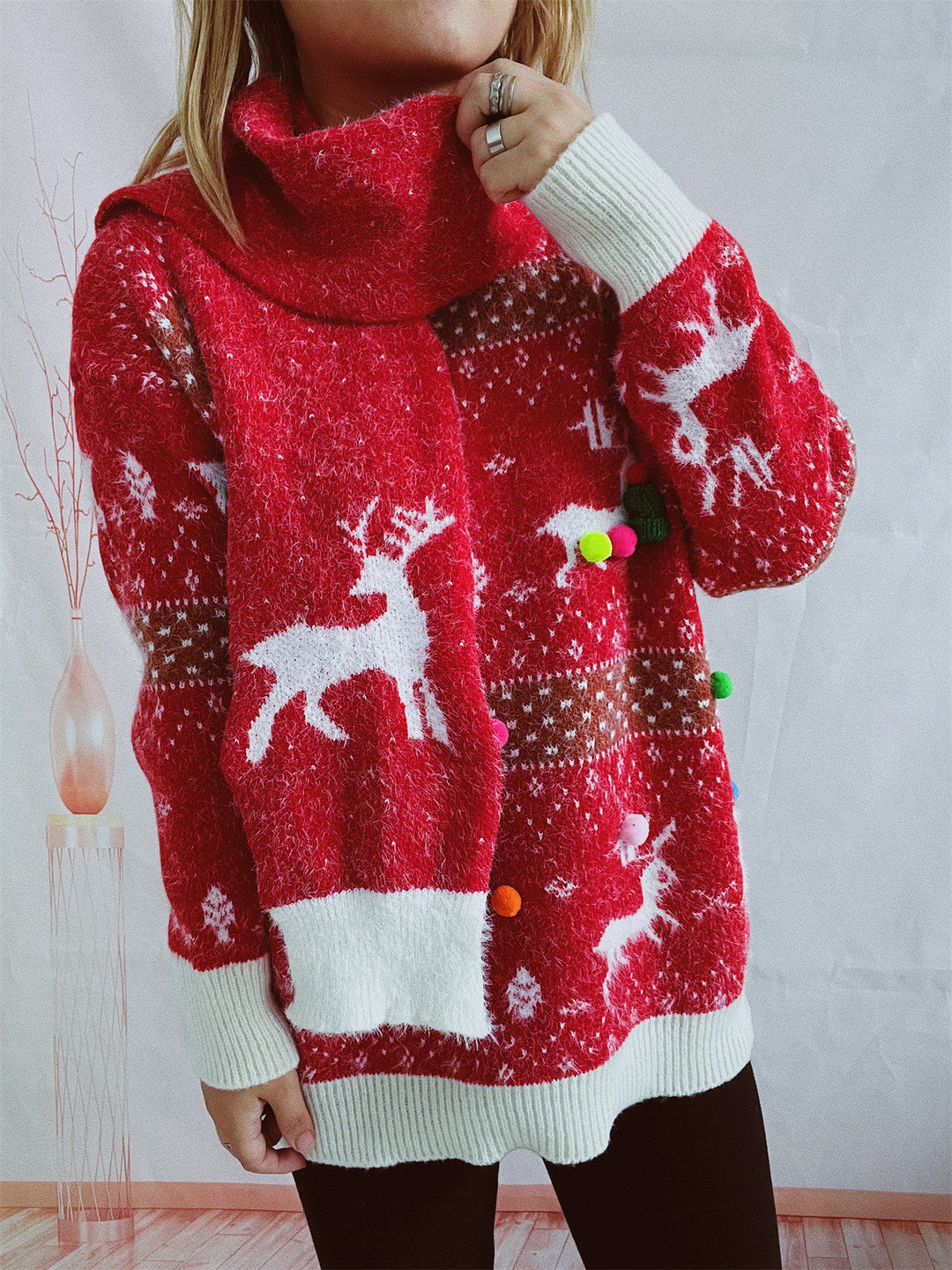 Women's Fashion Deer Snowflake Jacquard Colorful Ball Christmas Sweater Scarf Two-piece Set