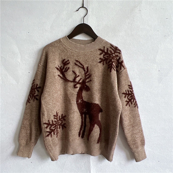 Round Neck Long Sleeve Christmas Sweater Snowflake Deer Jacquard Sweater