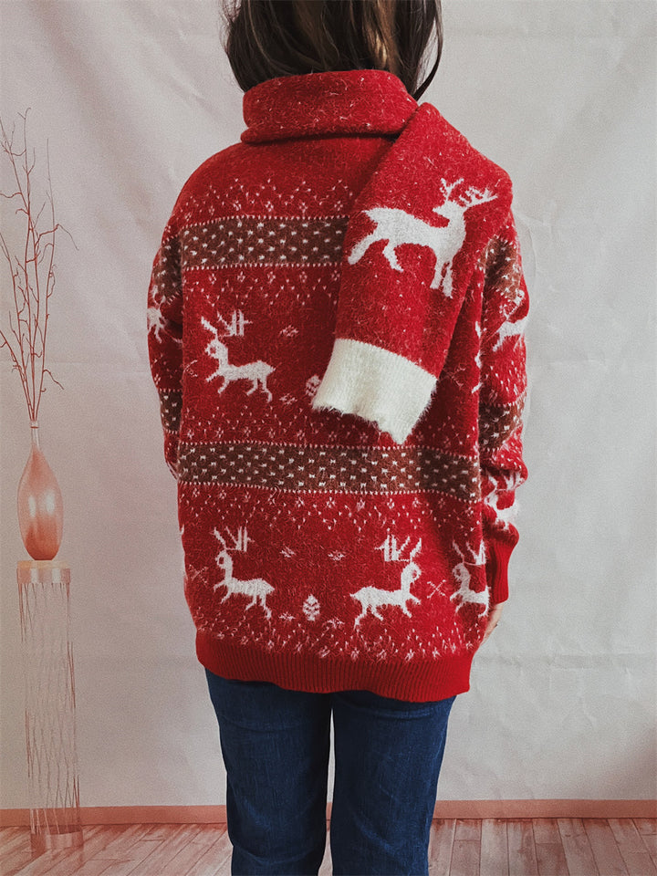 Women's Fashion Round Neck Long Sleeve Deer Snowflake Jacquard Christmas Sweater