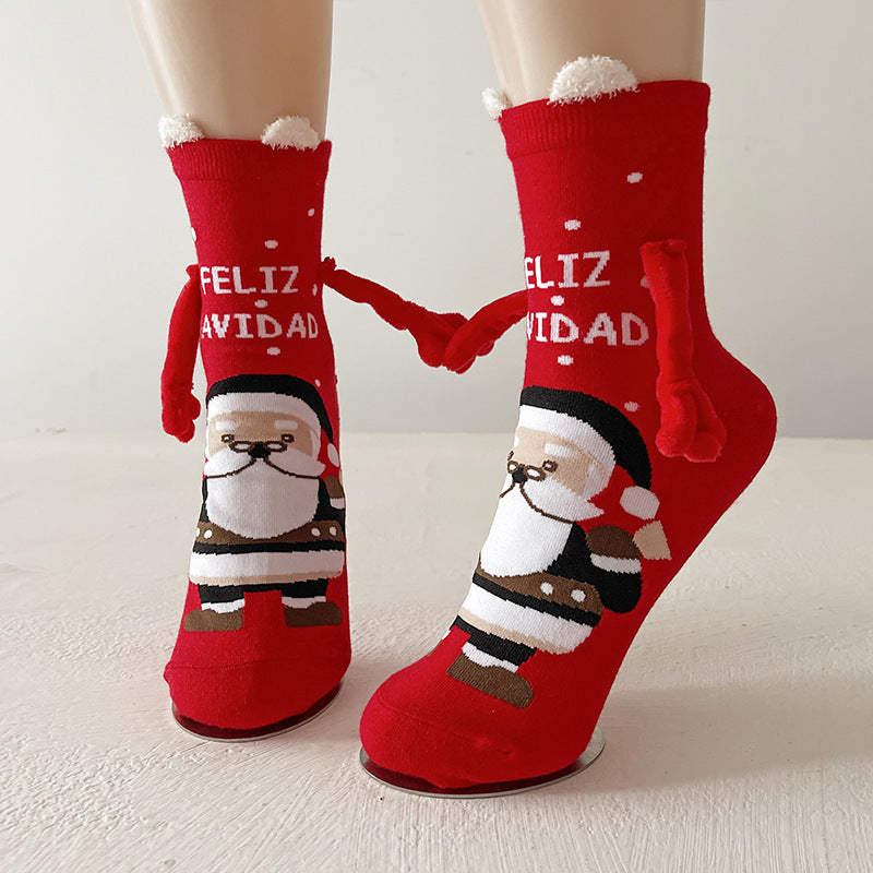 Christmas Magnetic Socks Cute Elk Santa Claus Snowman Hand-holding Socks For Couple