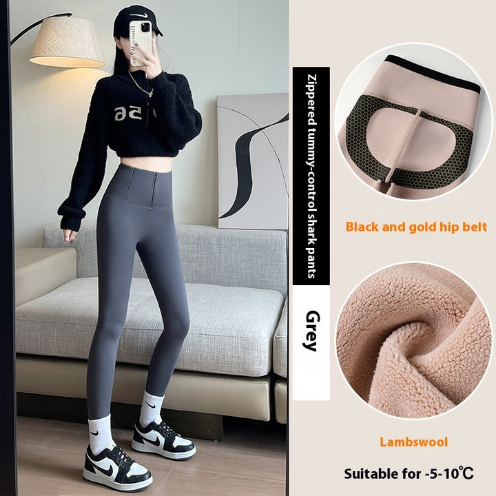 Belly-controlling Butt Lifting Leggings With Three-breasted Design Winter High Waist Slim Zippere Pants Warm Velvet And Thickened Trousers Women Clothing