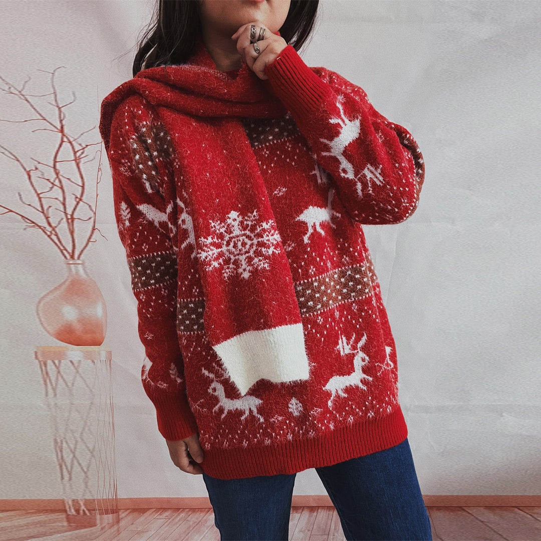 Women's Fashion Round Neck Long Sleeve Deer Snowflake Jacquard Christmas Sweater