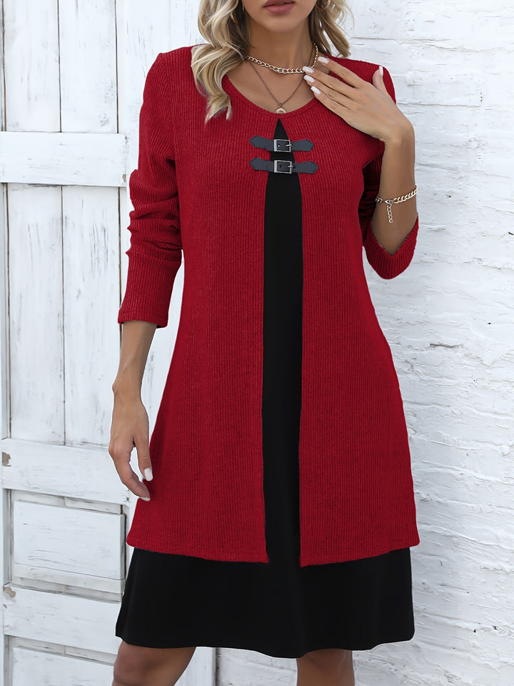 Contrast-color Sweater Dress With Buckle Design Fashion Round-neck Long-sleeved A-line Dresses Fall Wainter Women's Clothing