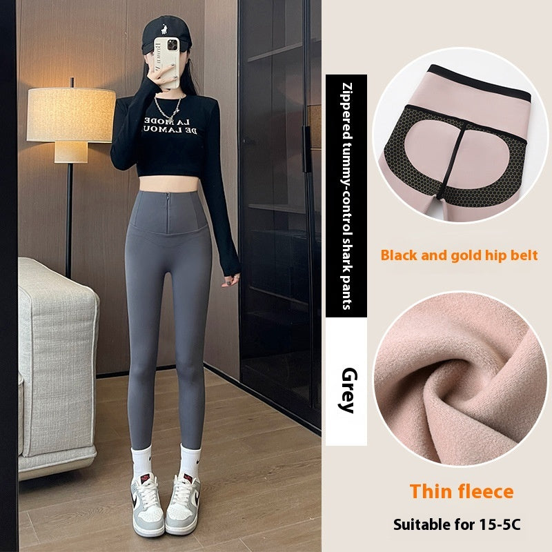 Belly-controlling Butt Lifting Leggings With Three-breasted Design Winter High Waist Slim Zippere Pants Warm Velvet And Thickened Trousers Women Clothing