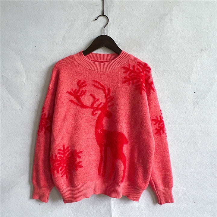 Round Neck Long Sleeve Christmas Sweater Snowflake Deer Jacquard Sweater