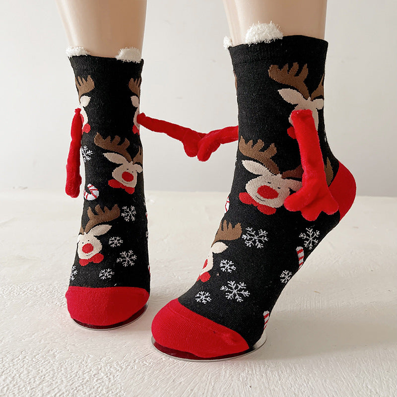 Christmas Magnetic Socks Cute Elk Santa Claus Snowman Hand-holding Socks For Couple