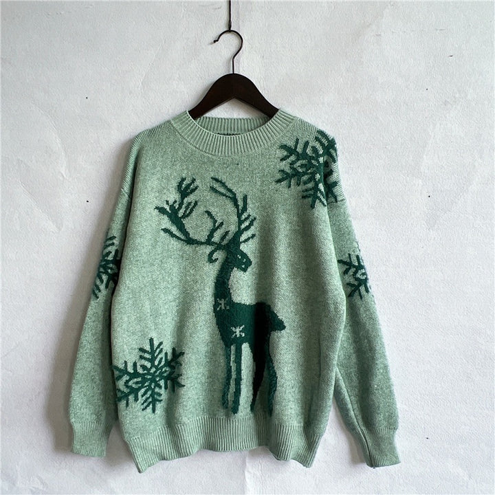 Round Neck Long Sleeve Christmas Sweater Snowflake Deer Jacquard Sweater