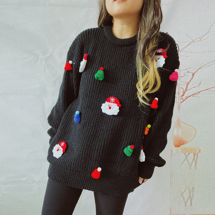 Women's Cute Fashion Santa Claus Three-dimensional Decoration Round Neck Long Sleeve Sweater