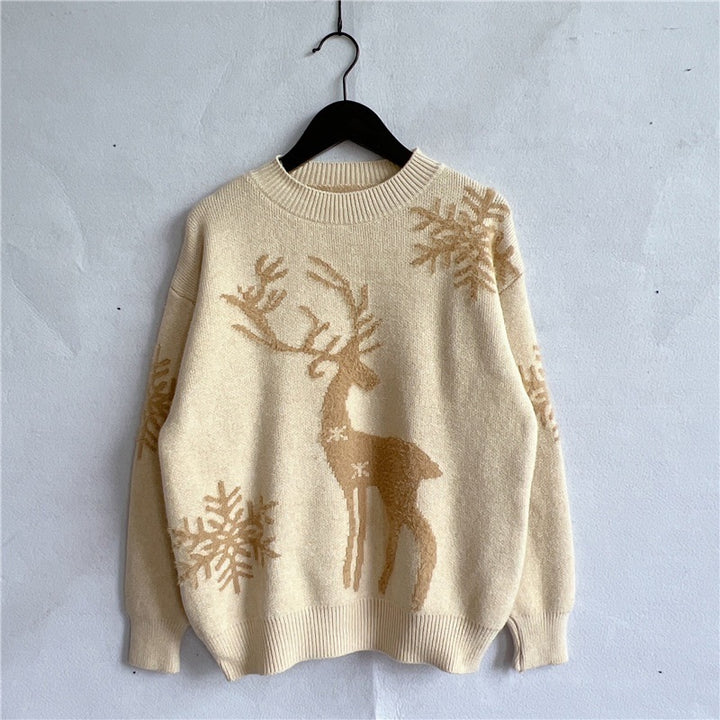 Round Neck Long Sleeve Christmas Sweater Snowflake Deer Jacquard Sweater