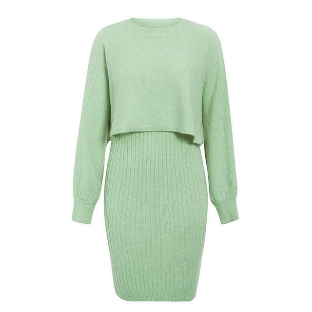 2pcs Knitted Dress Suit Fashion Solid Color Pullover Lantern-sleeved Sweater Fall Winter Women's Clothing