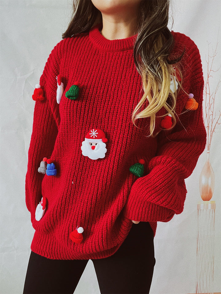 Women's Cute Fashion Santa Claus Three-dimensional Decoration Round Neck Long Sleeve Sweater