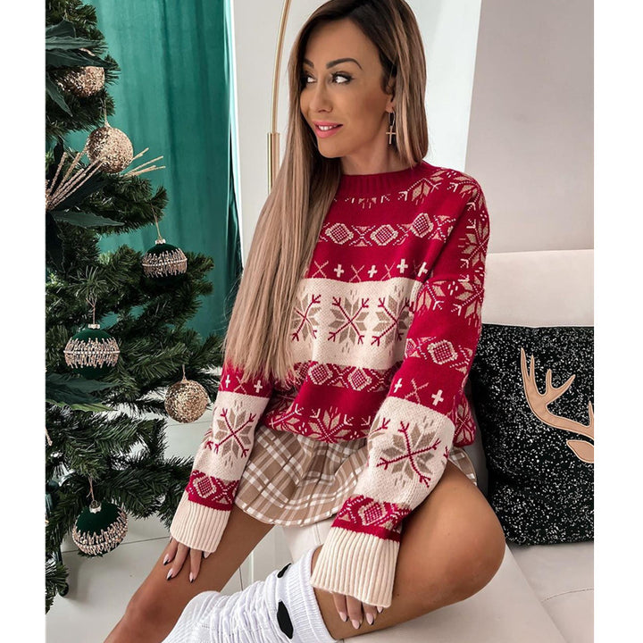 Jacquard Loose Round Neck Long Sleeve Ladies Sweater