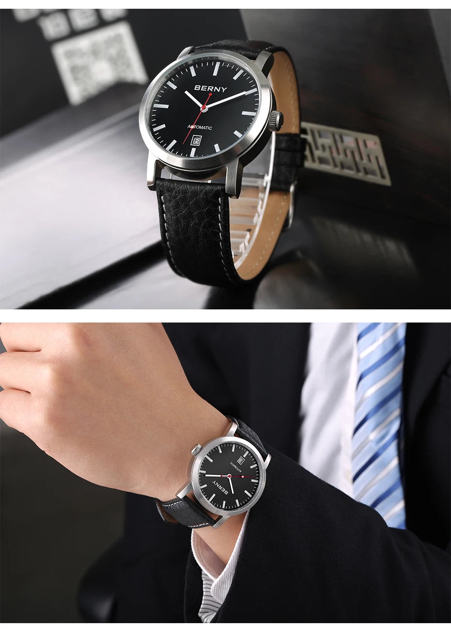 BERNY Men Mechanical Wristwatch 5ATM Waterproof Watch for Male Leather Swiss Railway Timepiece Luxury Brand  Automatic Men Watch