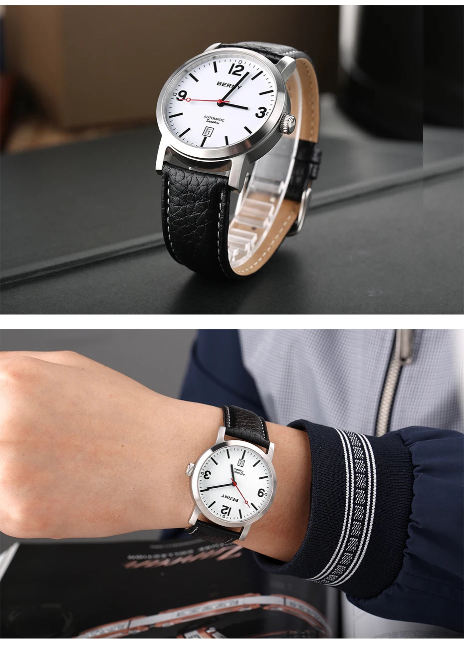 BERNY Men Mechanical Wristwatch 5ATM Waterproof Watch for Male Leather Swiss Railway Timepiece Luxury Brand  Automatic Men Watch