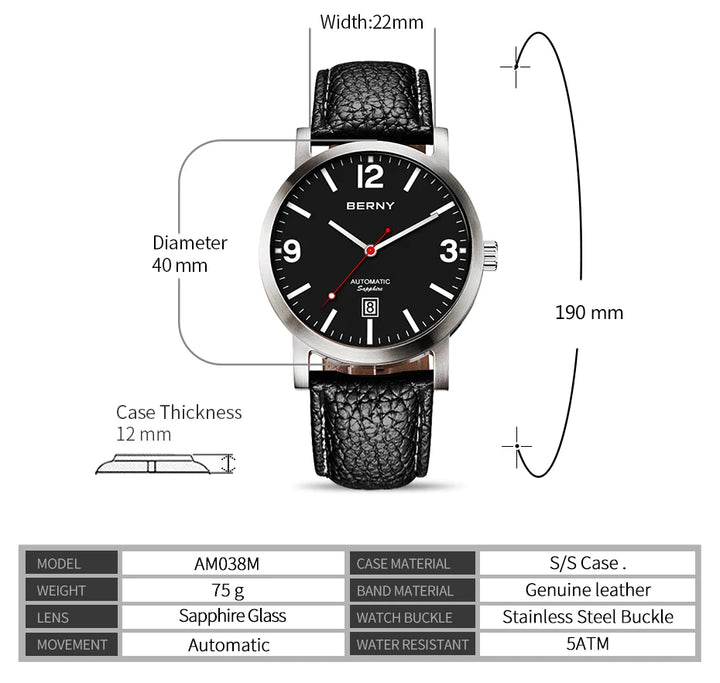 BERNY Men Mechanical Wristwatch 5ATM Waterproof Watch for Male Leather Swiss Railway Timepiece Luxury Brand  Automatic Men Watch