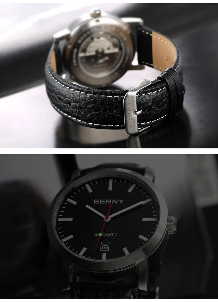 BERNY Men Mechanical Wristwatch 5ATM Waterproof Watch for Male Leather Swiss Railway Timepiece Luxury Brand  Automatic Men Watch