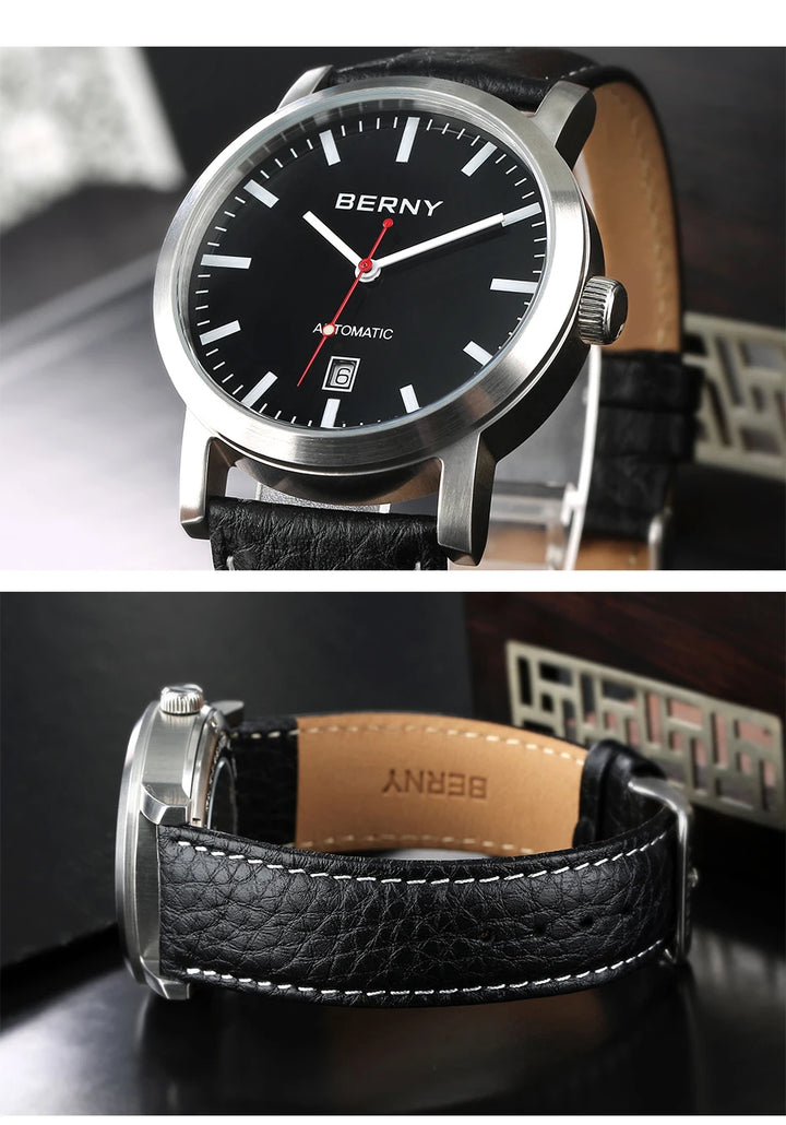 BERNY Men Mechanical Wristwatch 5ATM Waterproof Watch for Male Leather Swiss Railway Timepiece Luxury Brand  Automatic Men Watch