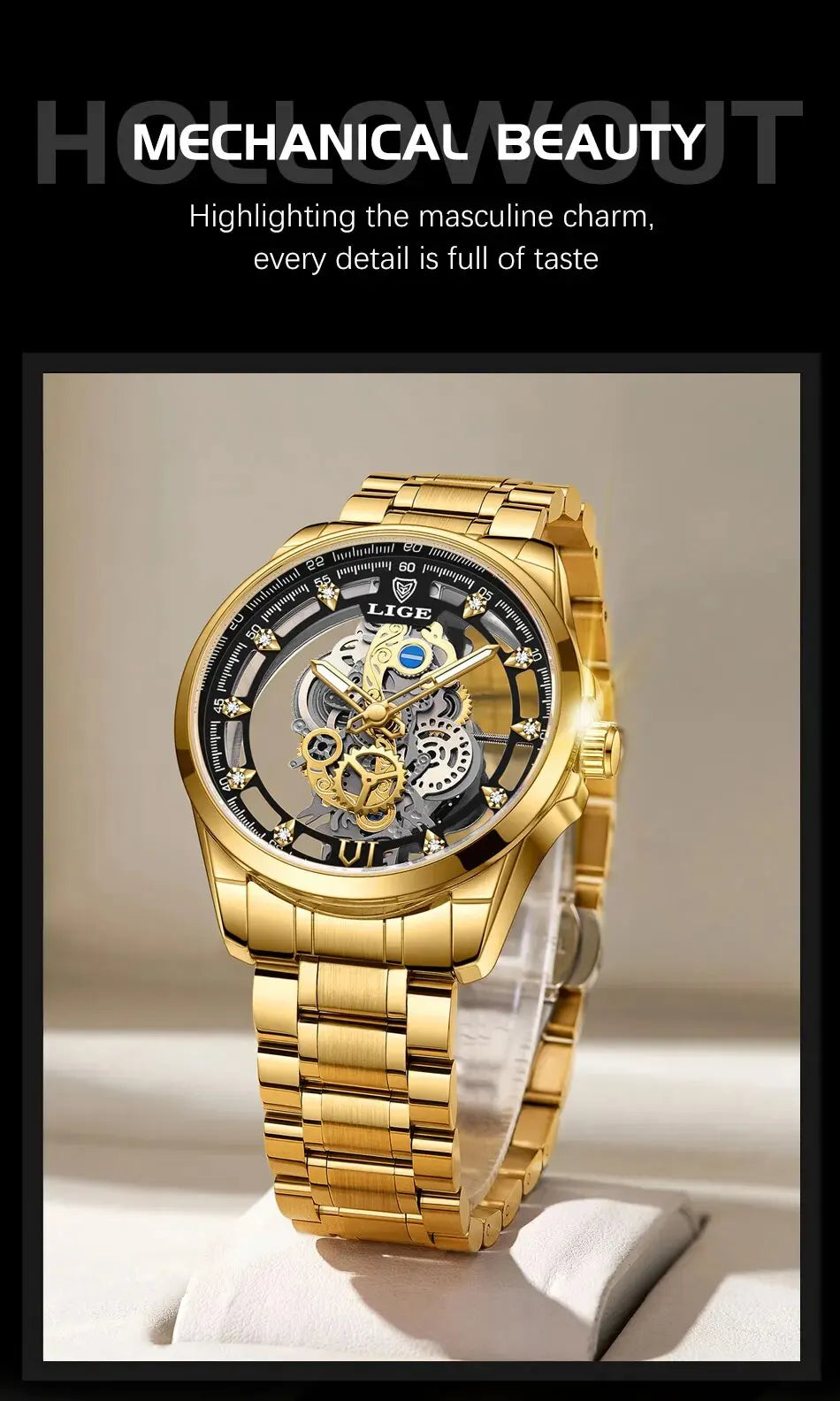 LIGE New Men Watch Skeleton Quartz Wristwatch Gold Skeleton Retro Man Watch Top Brand Luxury Clock Mens Watches Reloj Hombre