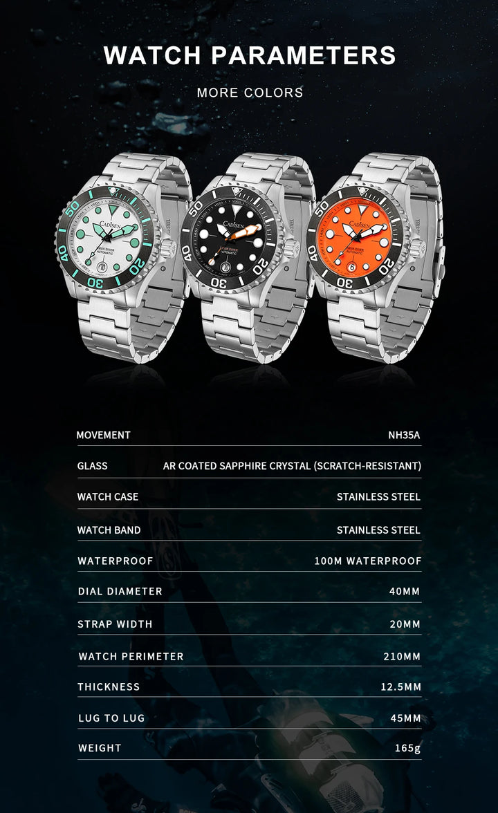 CADISEN AQUA DIVER 2024 New Brand Luxury Men Watches Automatic Watch Japan NH35A 100M Waterproof Luminous Mechanical Wristwatch