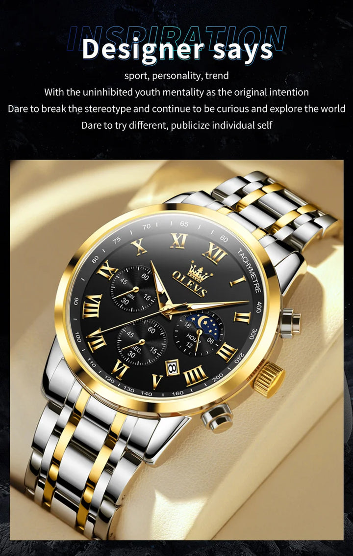 OLEVS 5529 Top Luxury Brand Men's Watch Waterproof Luminous Stainless Steel Lunar Phase Timing Code Watch New Quartz Men's Watch