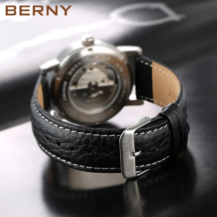 BERNY Men Mechanical Wristwatch 5ATM Waterproof Watch for Male Leather Swiss Railway Timepiece Luxury Brand  Automatic Men Watch