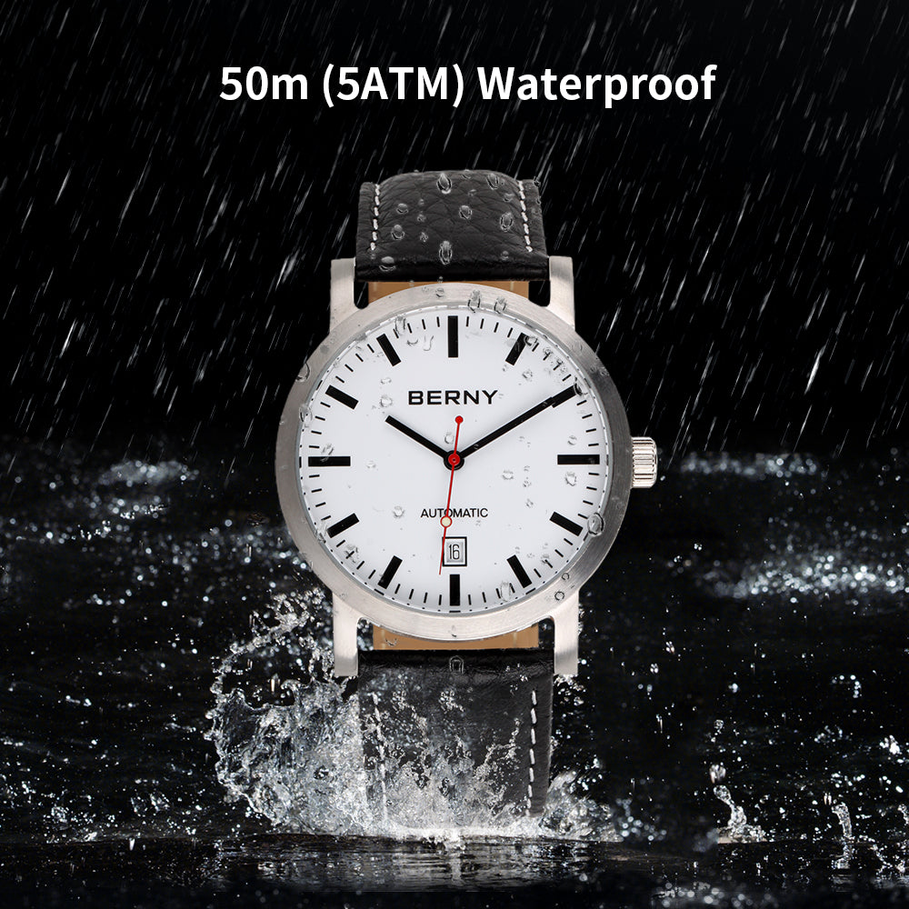 BERNY Men Mechanical Wristwatch 5ATM Waterproof Watch for Male Leather Swiss Railway Timepiece Luxury Brand  Automatic Men Watch