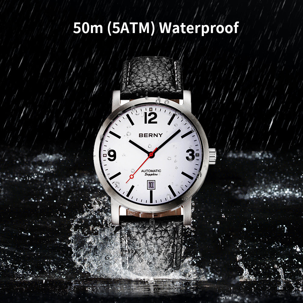 BERNY Men Mechanical Wristwatch 5ATM Waterproof Watch for Male Leather Swiss Railway Timepiece Luxury Brand  Automatic Men Watch