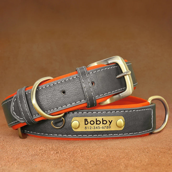 Customized Leather ID Nameplate Dog Collar Soft Padded Dogs Collars Free Engraving Name for Small Medium Large Dogs Adjustable