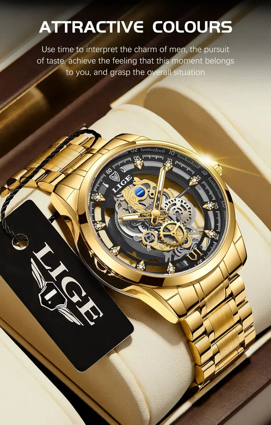 LIGE New Men Watch Skeleton Quartz Wristwatch Gold Skeleton Retro Man Watch Top Brand Luxury Clock Mens Watches Reloj Hombre