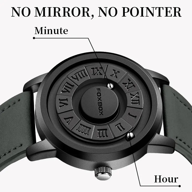 FOXBOX Mens Watches Creative Scrolling Pointer Magnetic Force Quartz Wristwatch Genuine Leather Watch Man