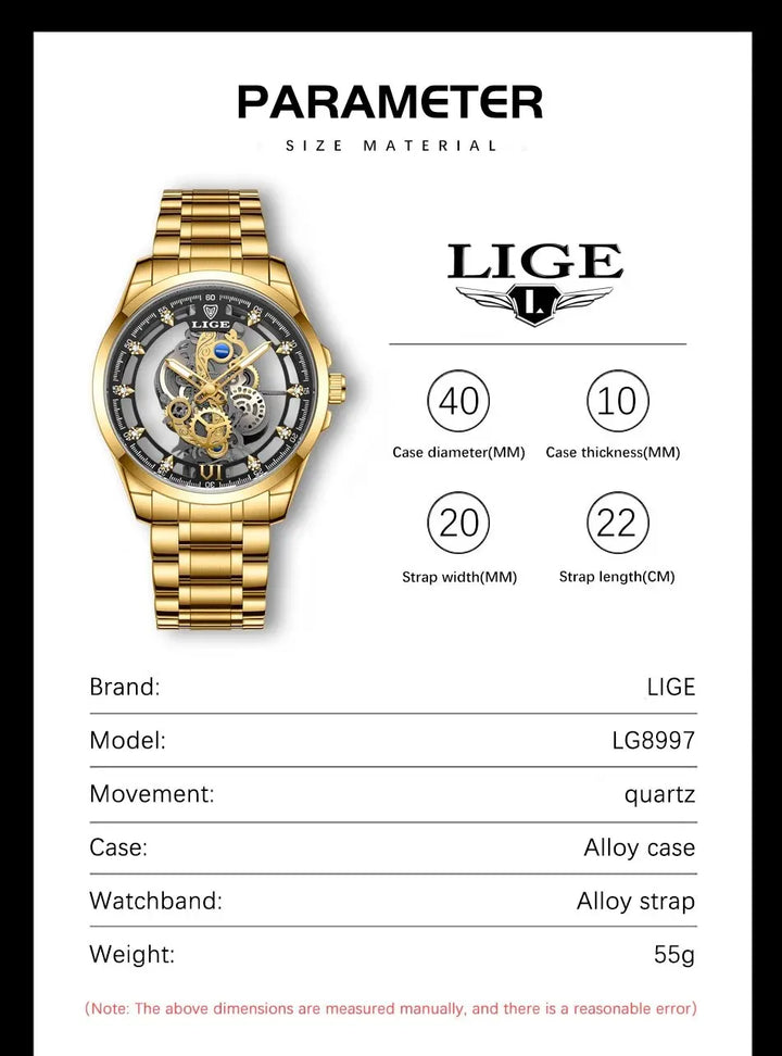 LIGE New Men Watch Skeleton Quartz Wristwatch Gold Skeleton Retro Man Watch Top Brand Luxury Clock Mens Watches Reloj Hombre