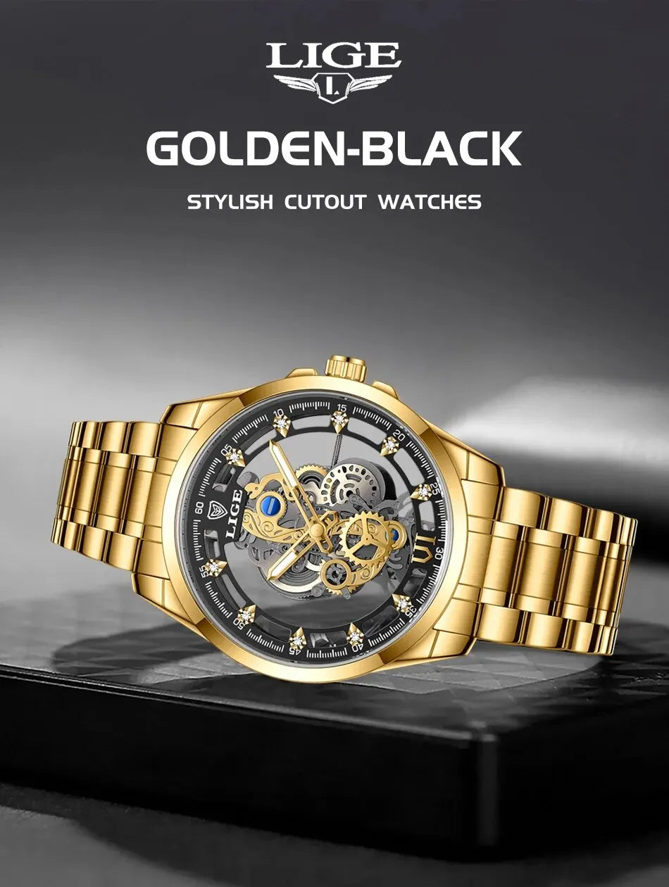 LIGE New Men Watch Skeleton Quartz Wristwatch Gold Skeleton Retro Man Watch Top Brand Luxury Clock Mens Watches Reloj Hombre