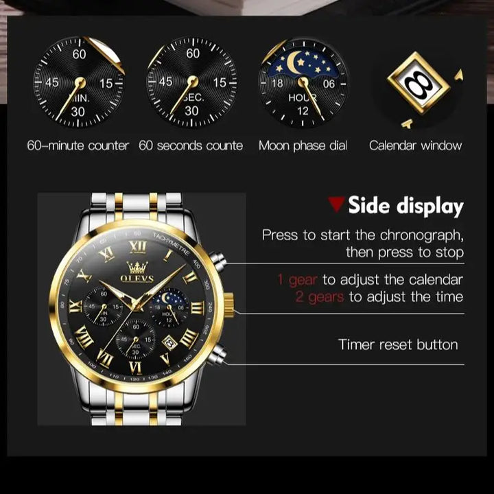 OLEVS 5529 Top Luxury Brand Men's Watch Waterproof Luminous Stainless Steel Lunar Phase Timing Code Watch New Quartz Men's Watch