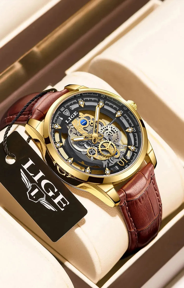 LIGE New Men Watch Skeleton Quartz Wristwatch Gold Skeleton Retro Man Watch Top Brand Luxury Clock Mens Watches Reloj Hombre