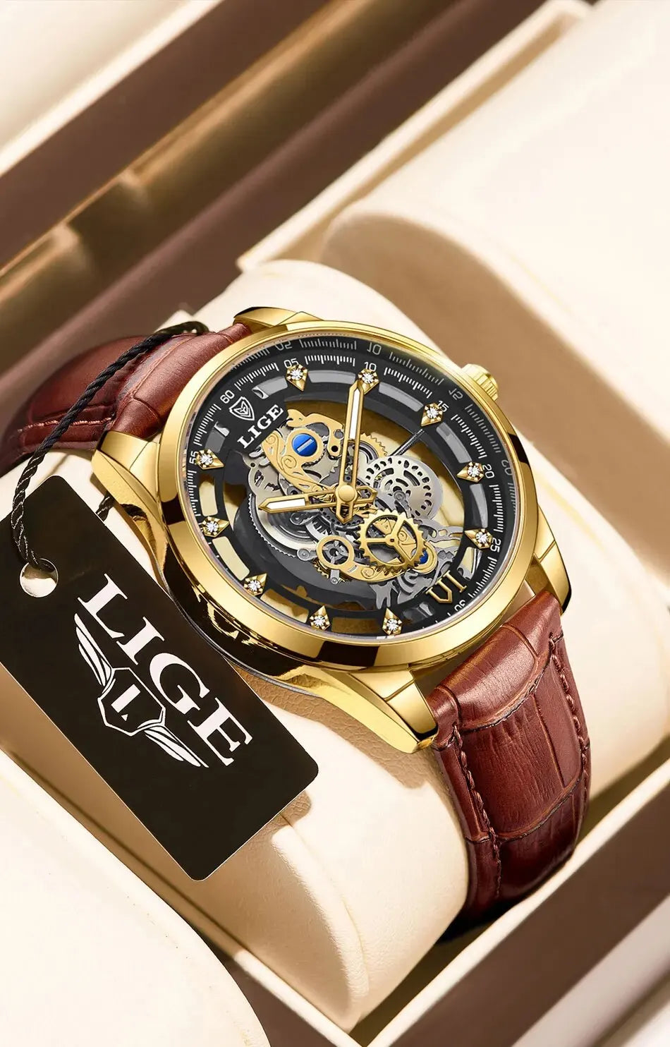 LIGE New Men Watch Skeleton Quartz Wristwatch Gold Skeleton Retro Man Watch Top Brand Luxury Clock Mens Watches Reloj Hombre