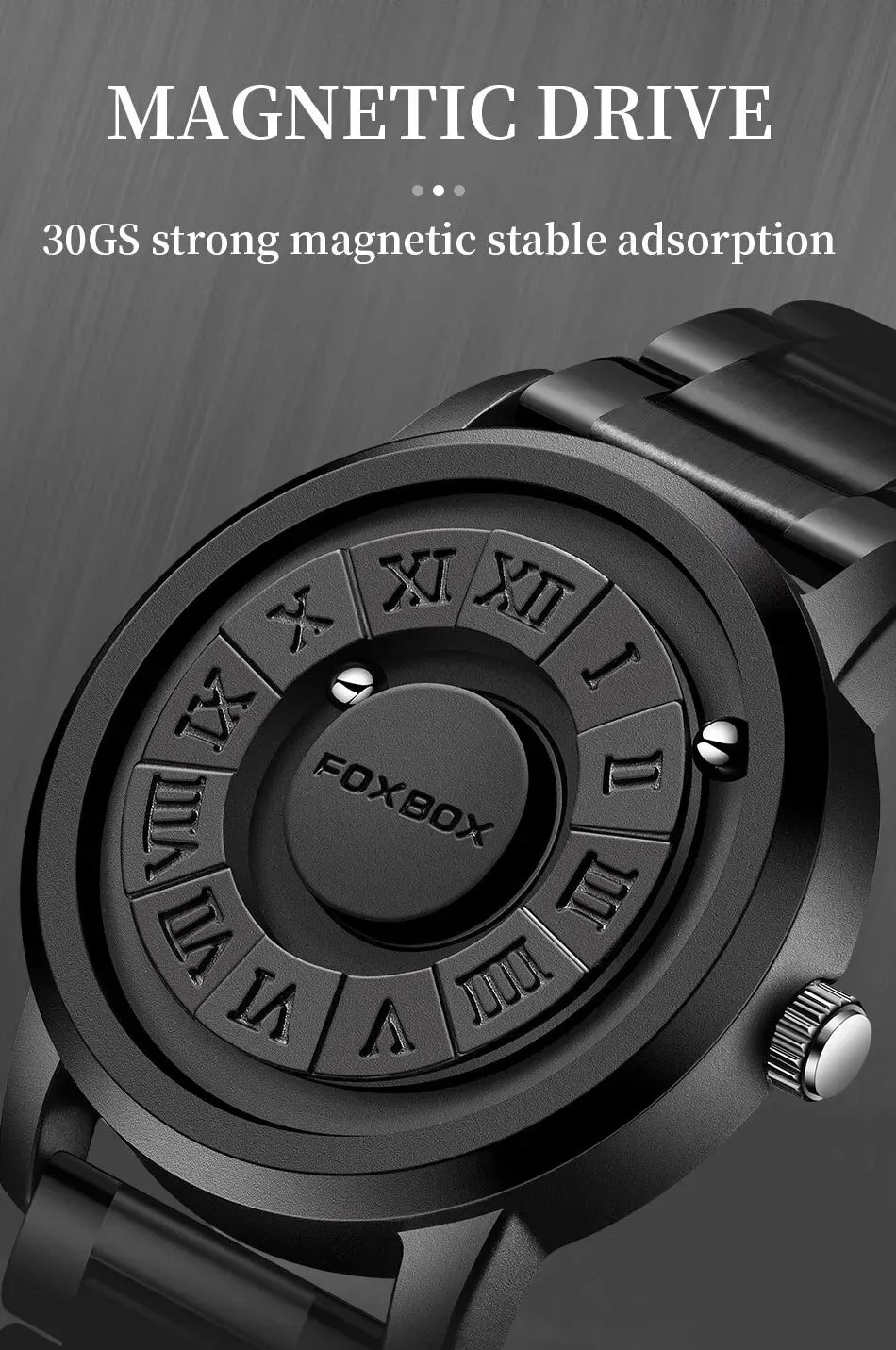 FOXBOX Mens Watches Creative Scrolling Pointer Magnetic Force Quartz Wristwatch Genuine Leather Watch Man