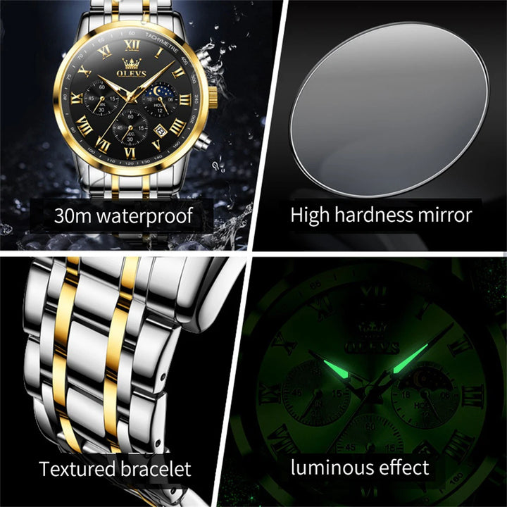 OLEVS 5529 Top Luxury Brand Men's Watch Waterproof Luminous Stainless Steel Lunar Phase Timing Code Watch New Quartz Men's Watch