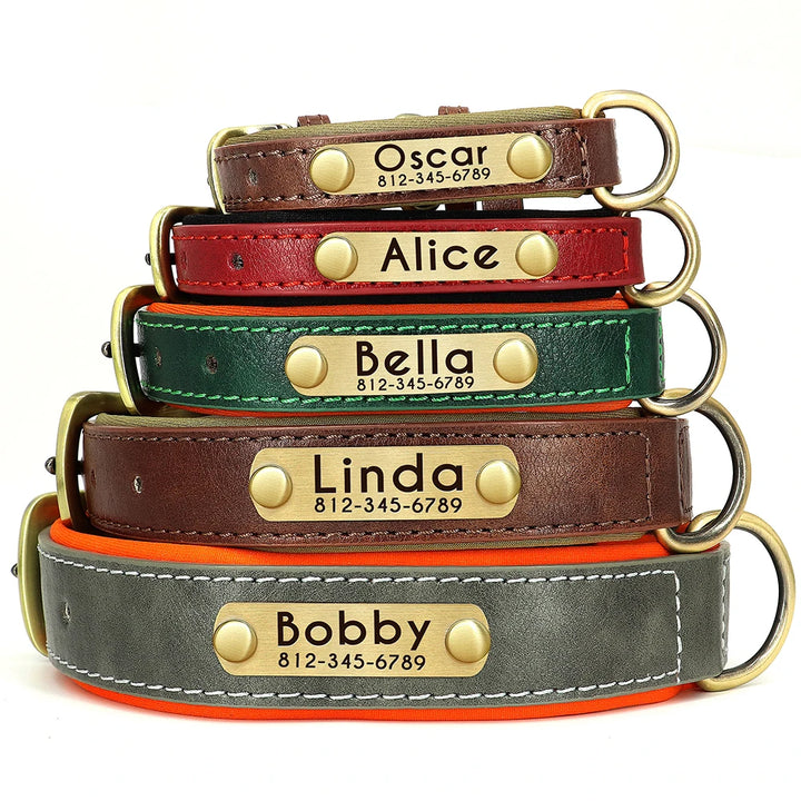 Customized Leather ID Nameplate Dog Collar Soft Padded Dogs Collars Free Engraving Name for Small Medium Large Dogs Adjustable