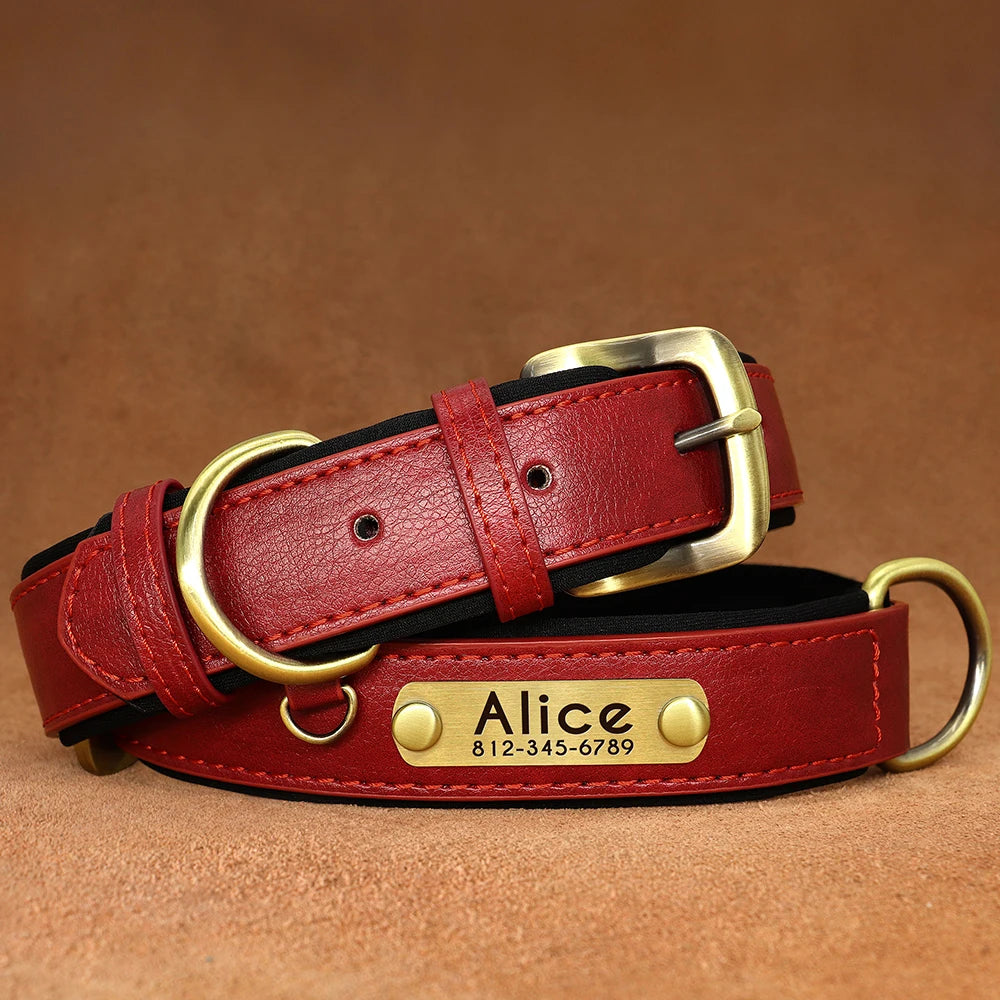 Customized Leather ID Nameplate Dog Collar Soft Padded Dogs Collars Free Engraving Name for Small Medium Large Dogs Adjustable