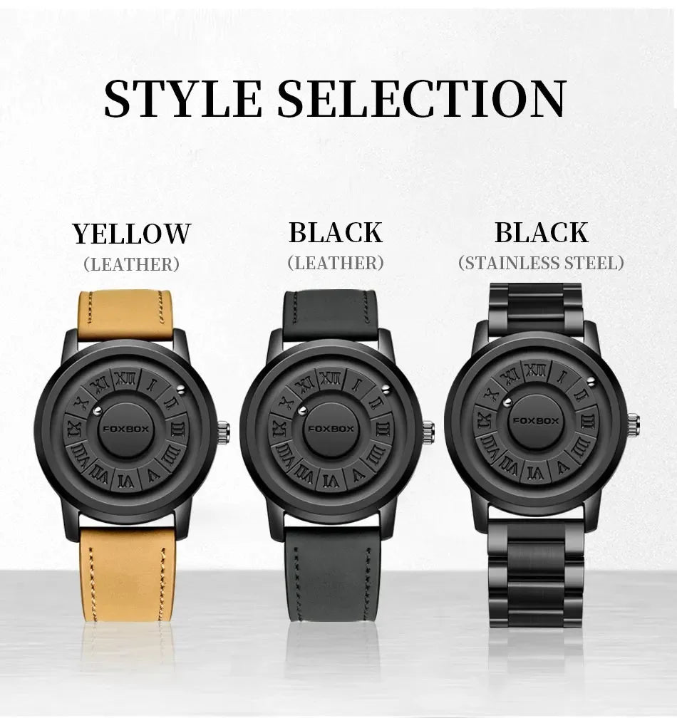 FOXBOX Mens Watches Creative Scrolling Pointer Magnetic Force Quartz Wristwatch Genuine Leather Watch Man